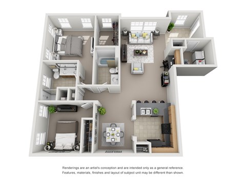 A 3D rendered image of a house layout.